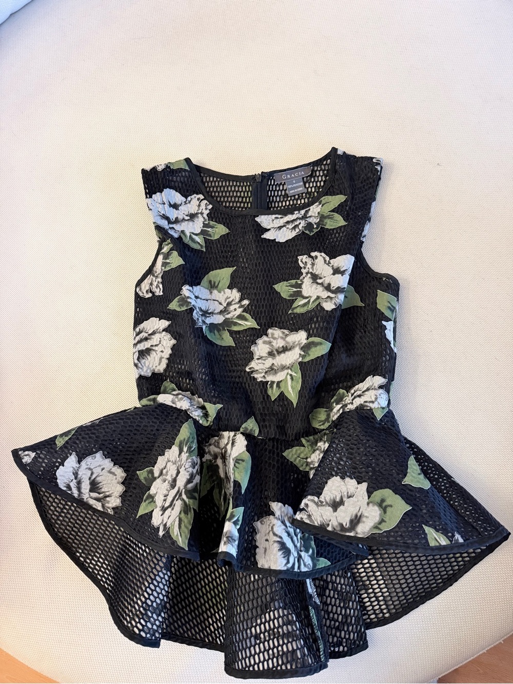 Gracia Black Floral Mesh Peplum Top